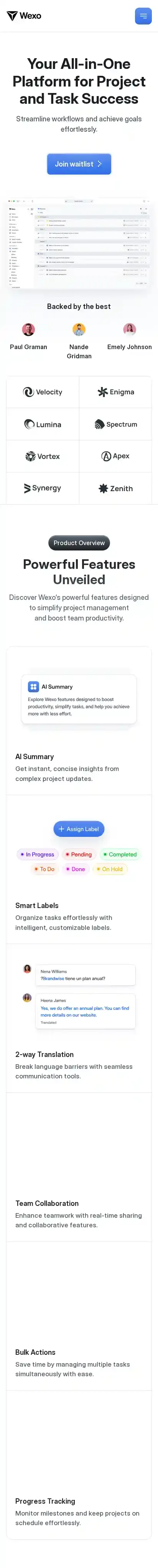 Wexo home page on mobile