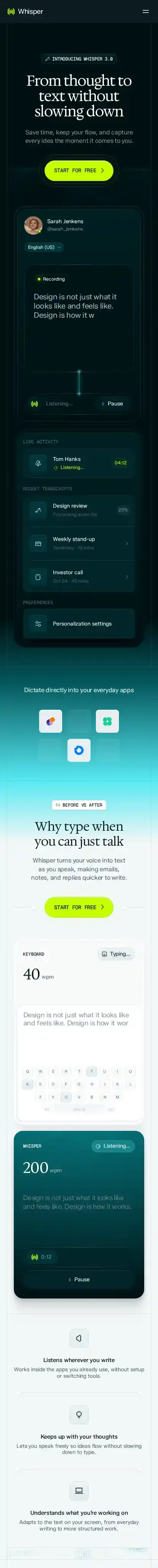 Whisper home page on mobile