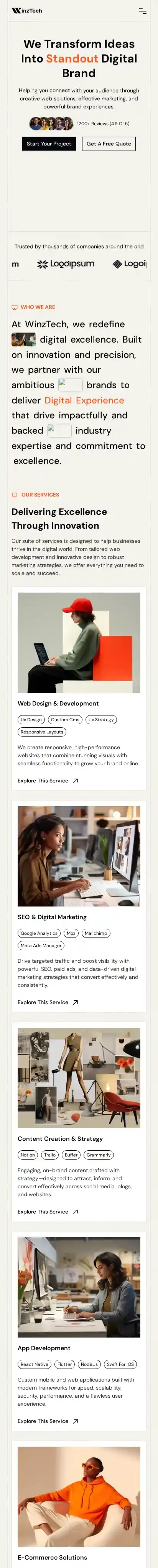 WinzTech home page on mobile