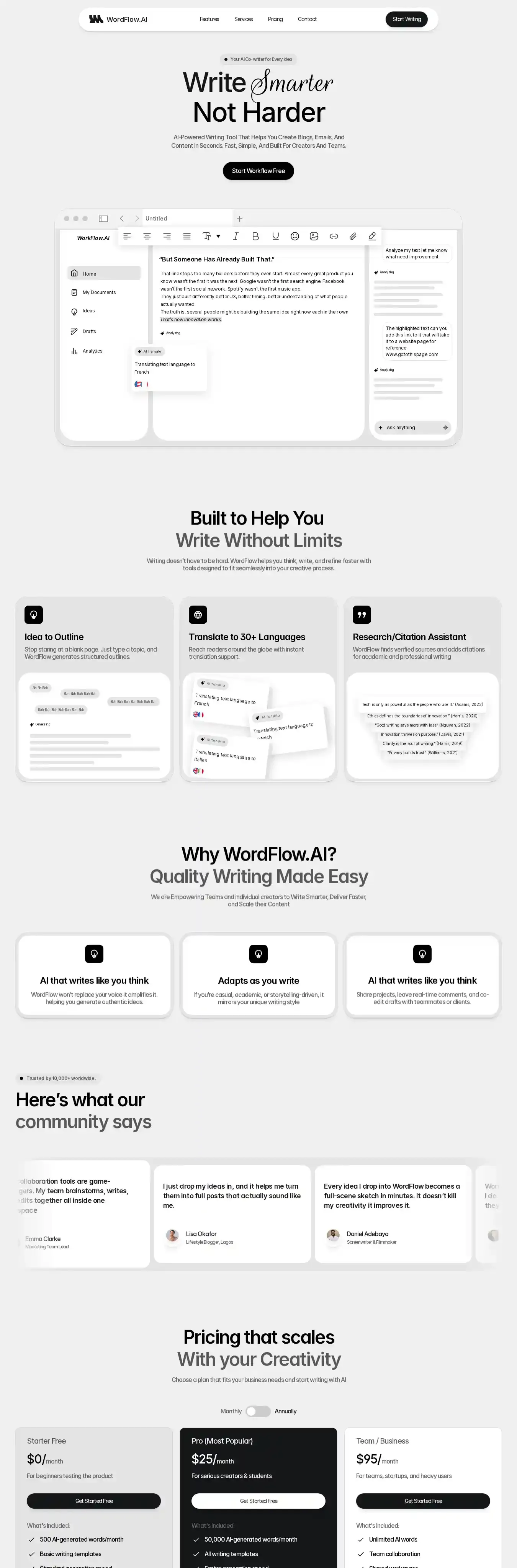 Wordflow home page on desktop