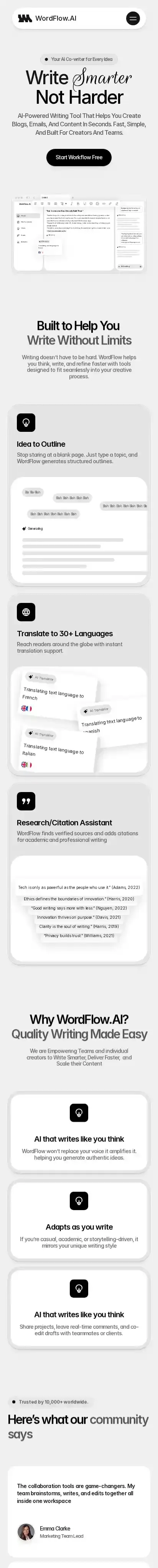 Wordflow home page on mobile