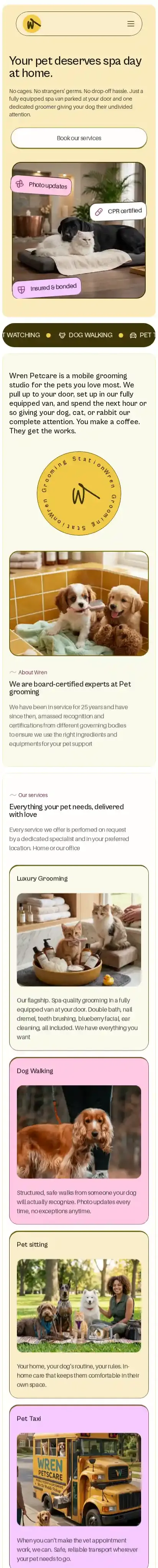 Wren Petcare home page on mobile