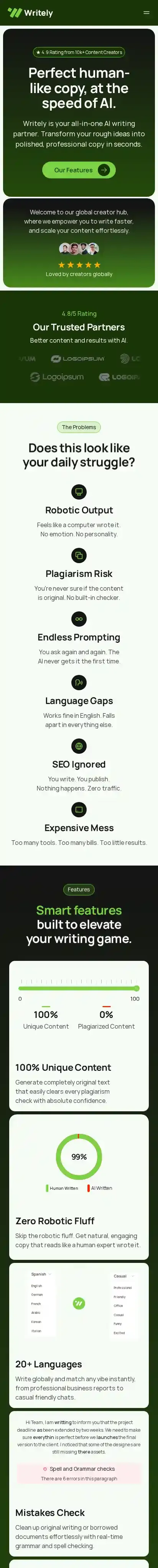 Writely home page on mobile