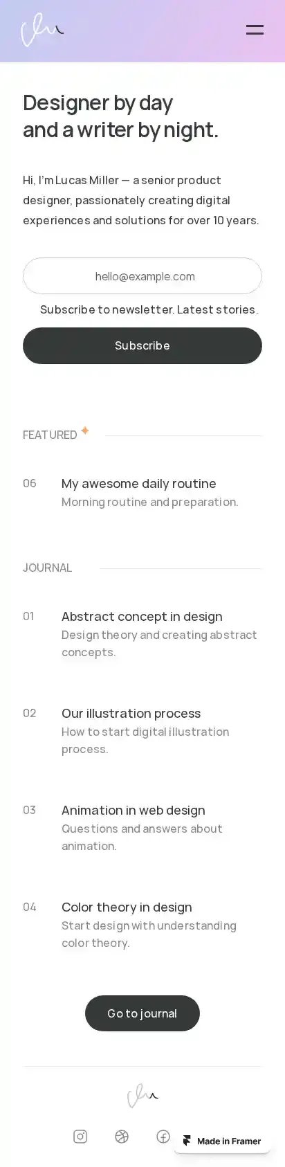 Writeme home page on mobile