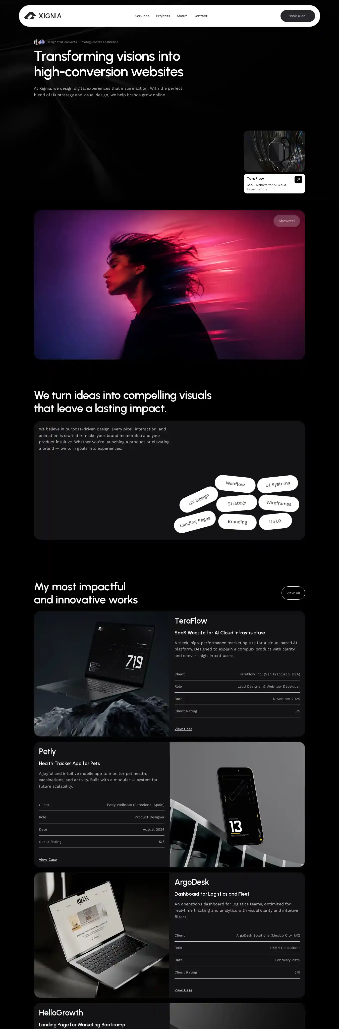 Xignia Design home page on desktop