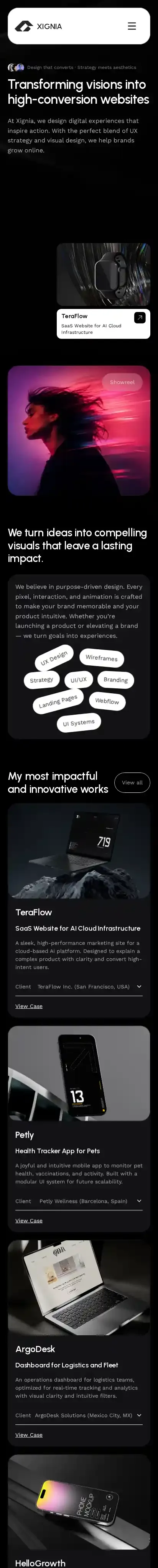Xignia Design home page on mobile