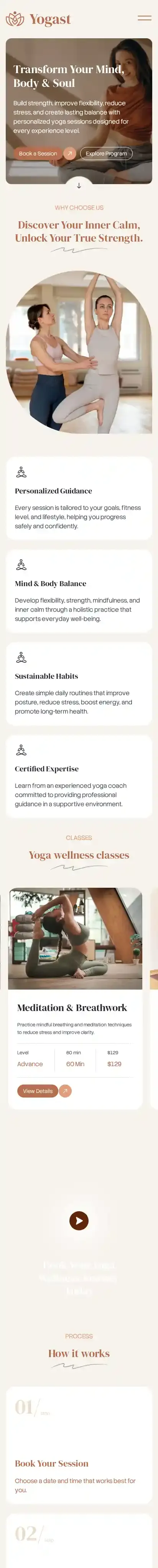Yoga Coach home page on mobile