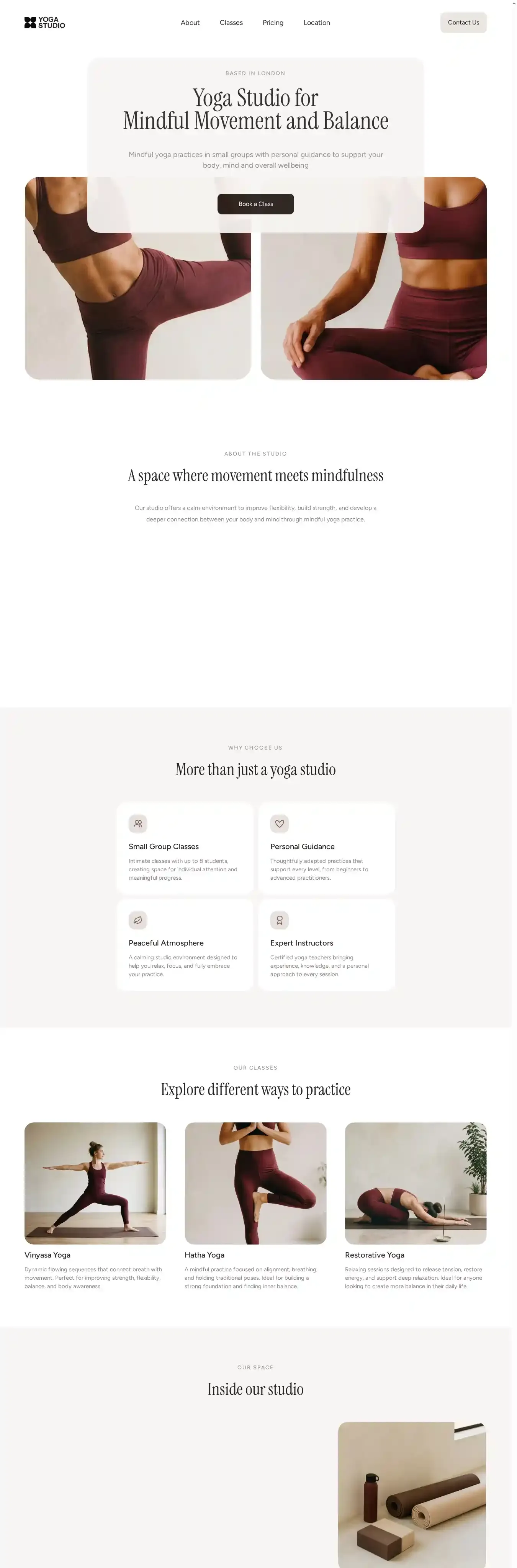 Yoga Flow home page on desktop