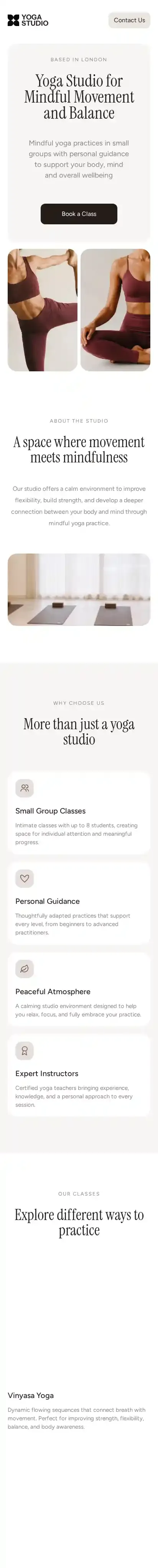 Yoga Flow home page on mobile