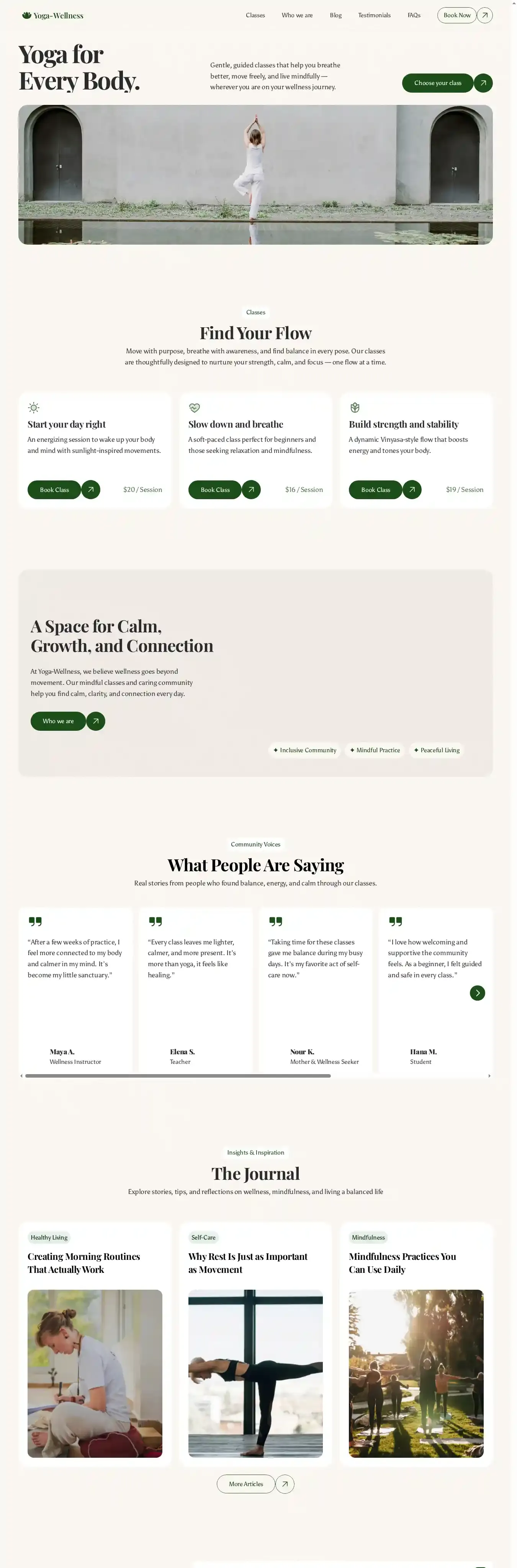 Yoga Wellness home page on desktop