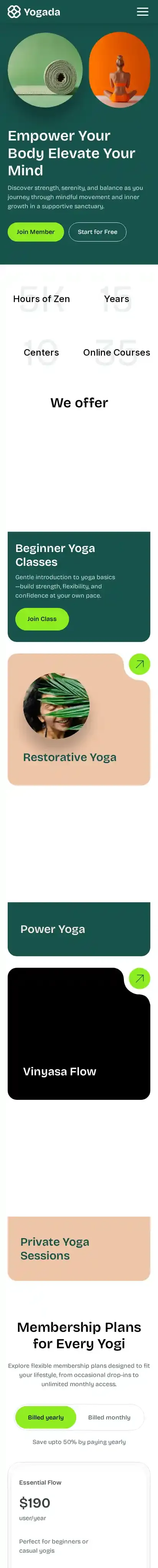 Yogada home page on mobile