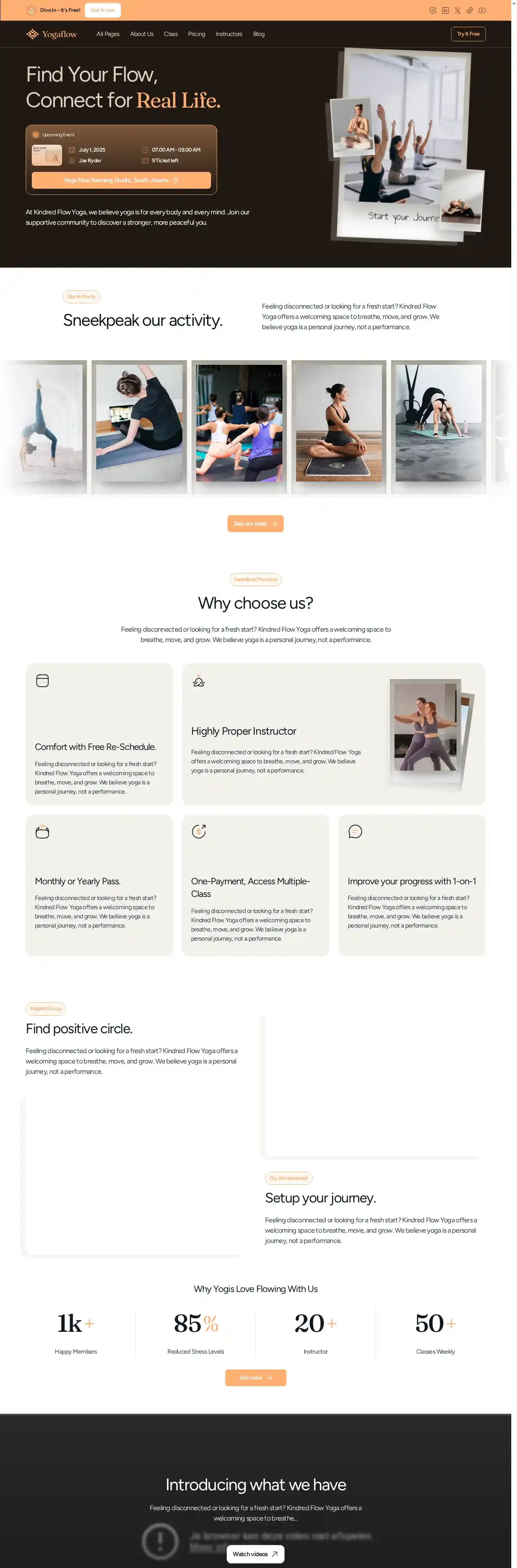 YogaFlow home page on desktop