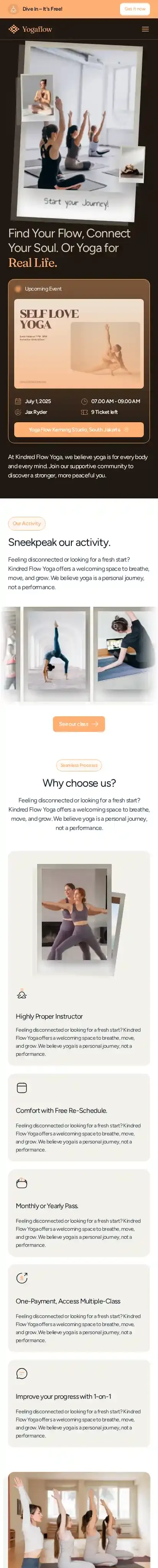 YogaFlow home page on mobile