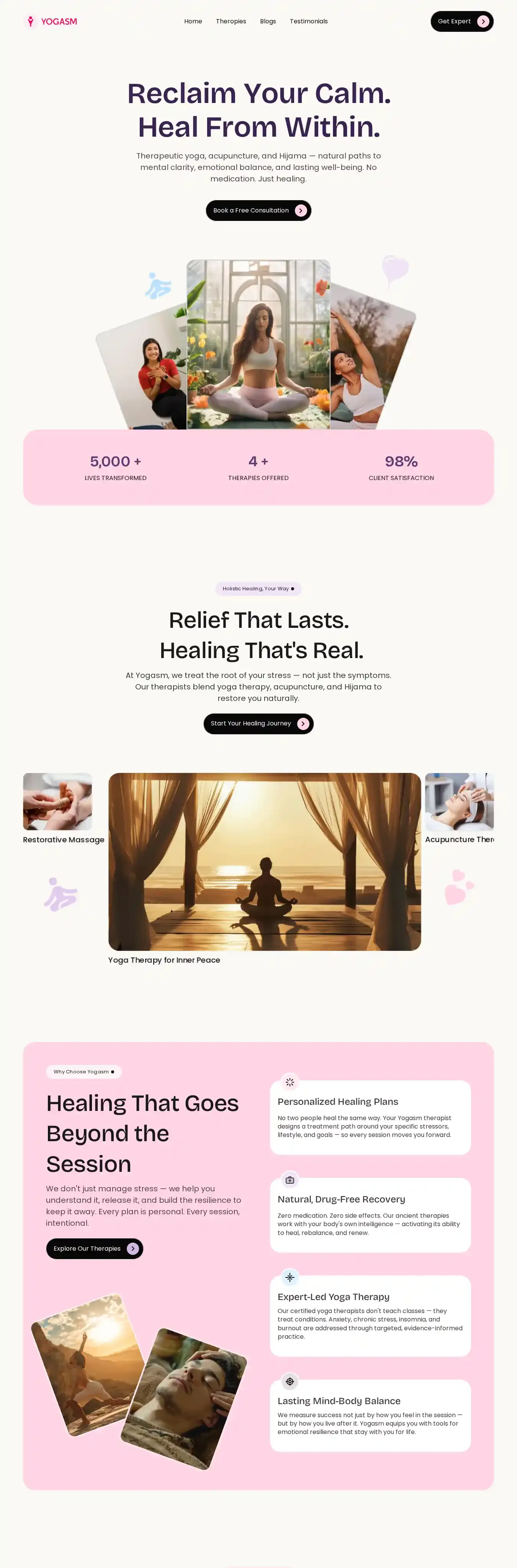 Yogasm home page on desktop