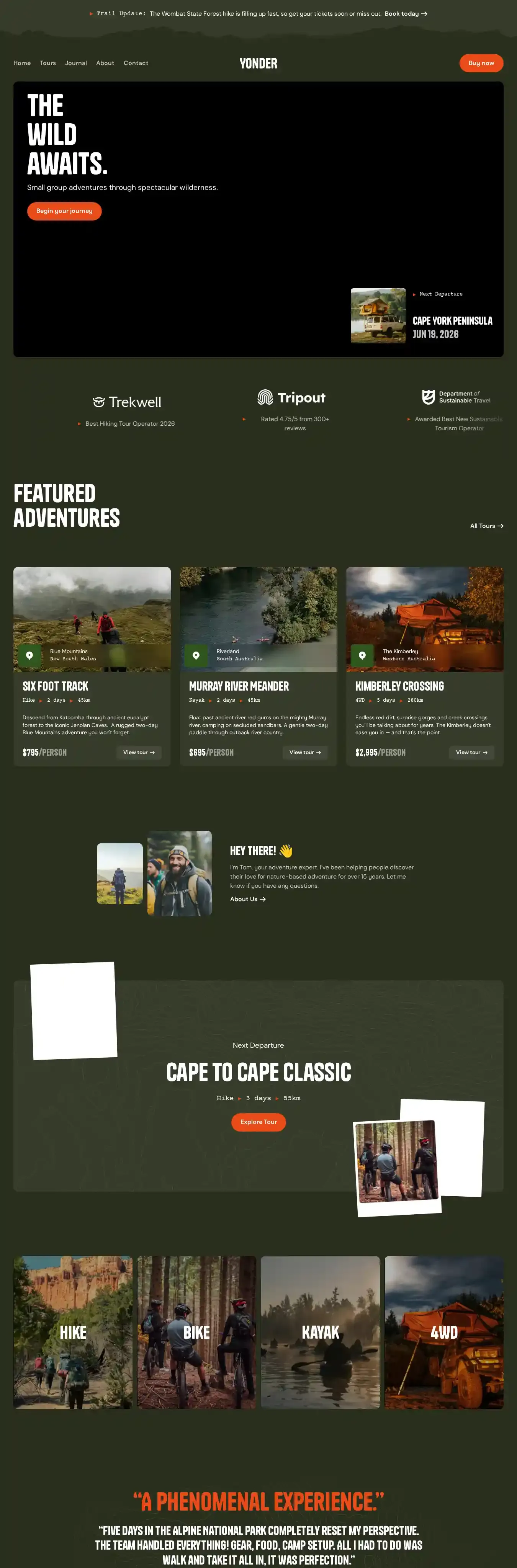 Yonder Tourism home page on desktop