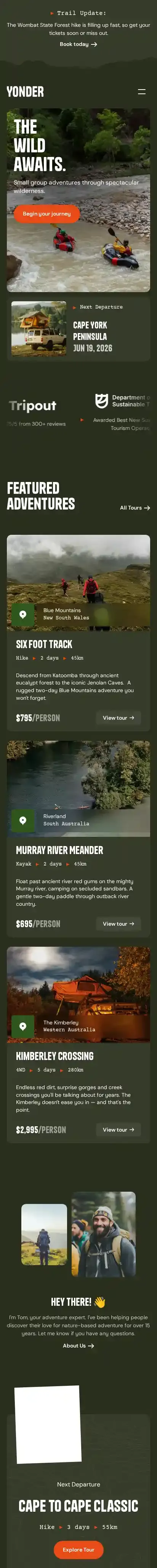 Yonder Tourism home page on mobile