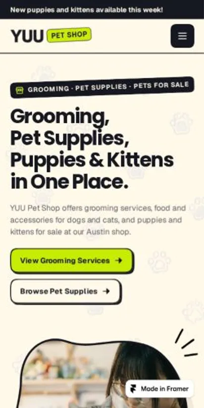 YUU Pet Shop home page on mobile