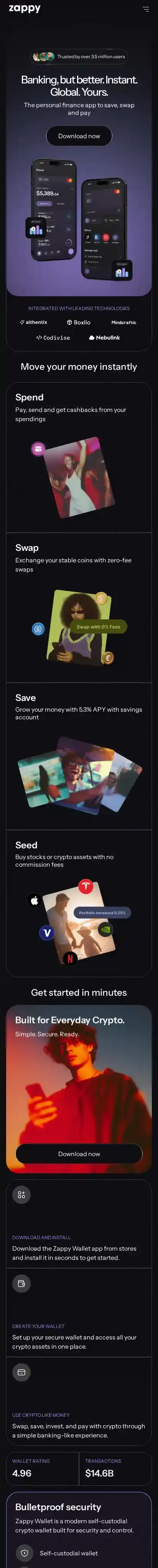 Zappy Wallet home page on mobile