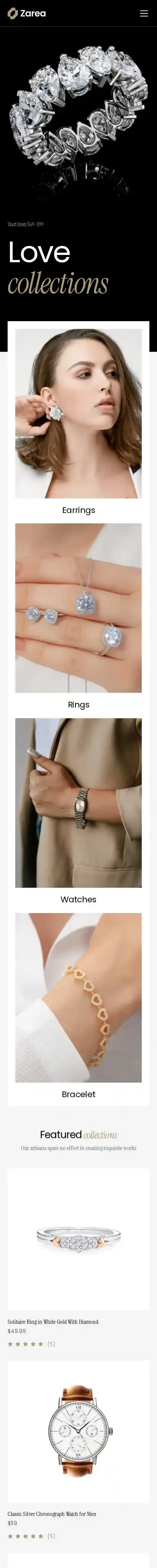 Zarea home page on mobile