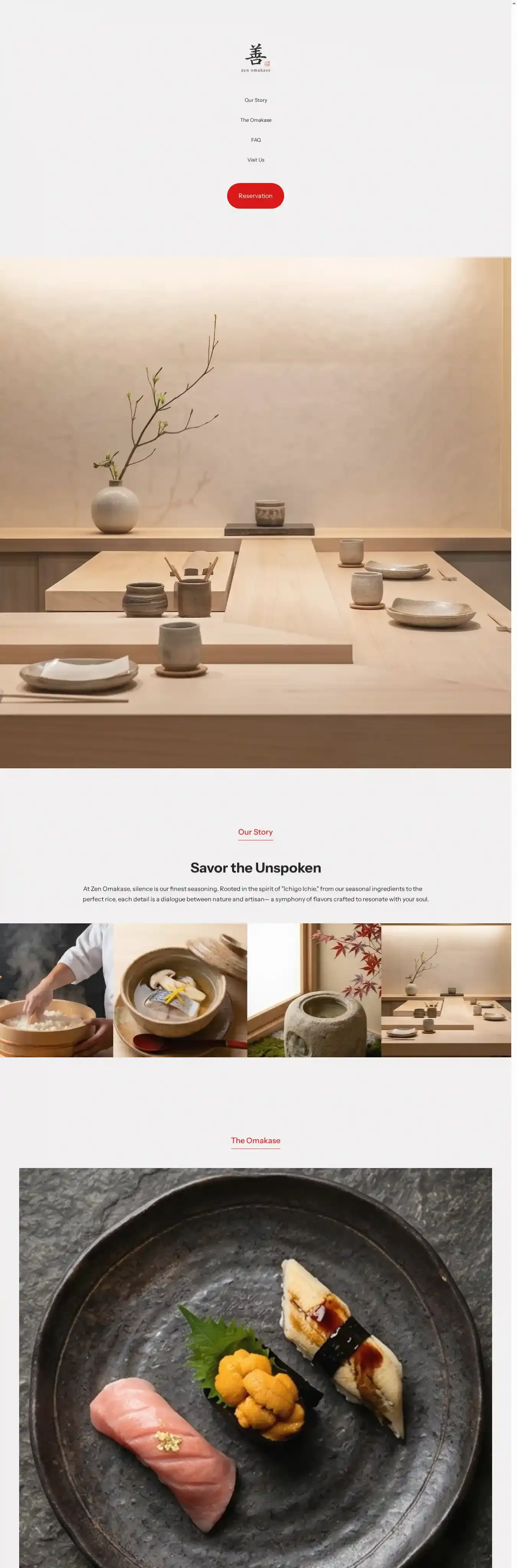 Zen Omakase home page on desktop