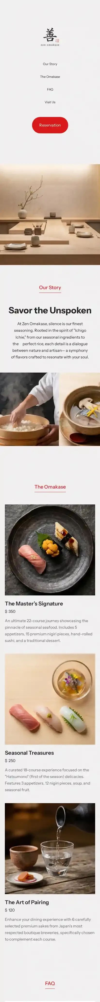Zen Omakase home page on mobile