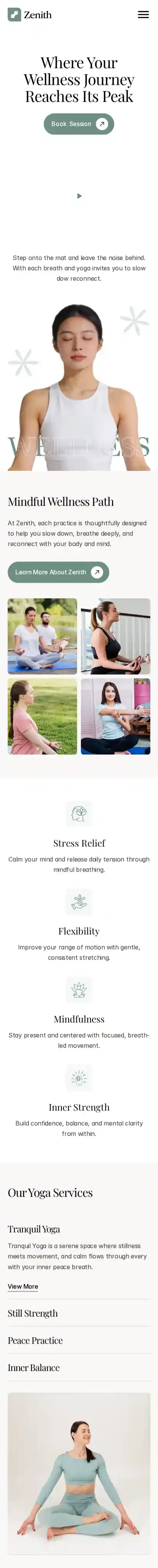 Zenith Yoga home page on mobile