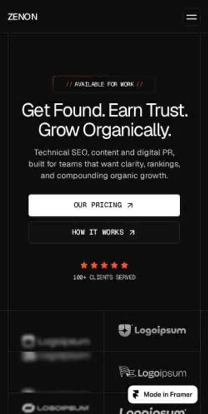 Zenon home page on mobile
