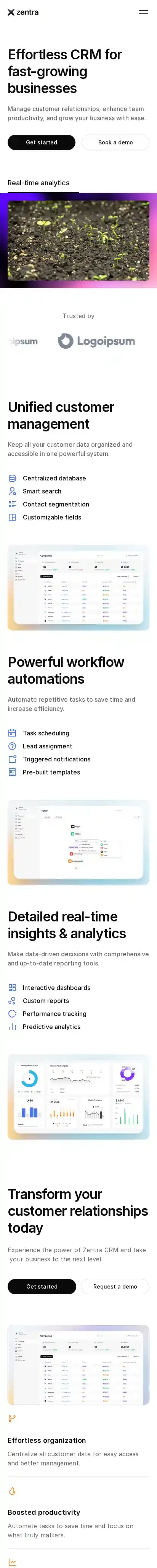 Zentra home page on mobile