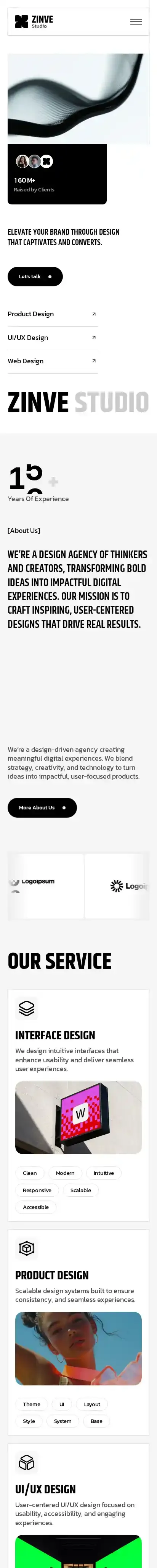 Zinve Studio home page on mobile