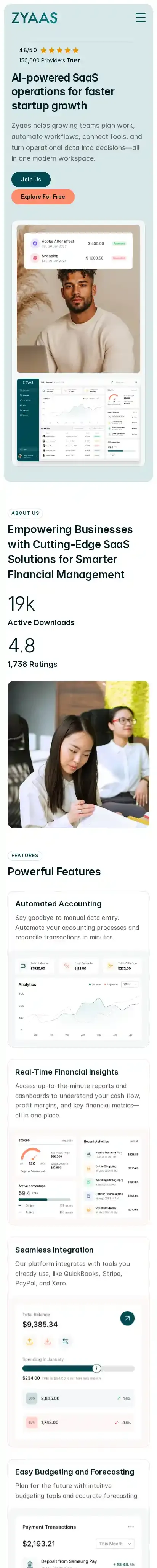Zyaas home page on mobile