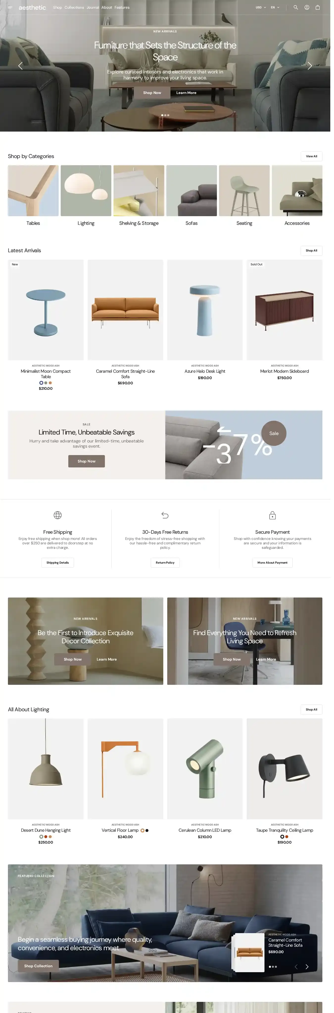 Aesthetic home page on desktop