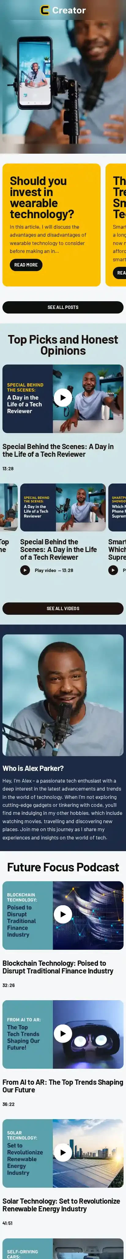 Creator home page on mobile