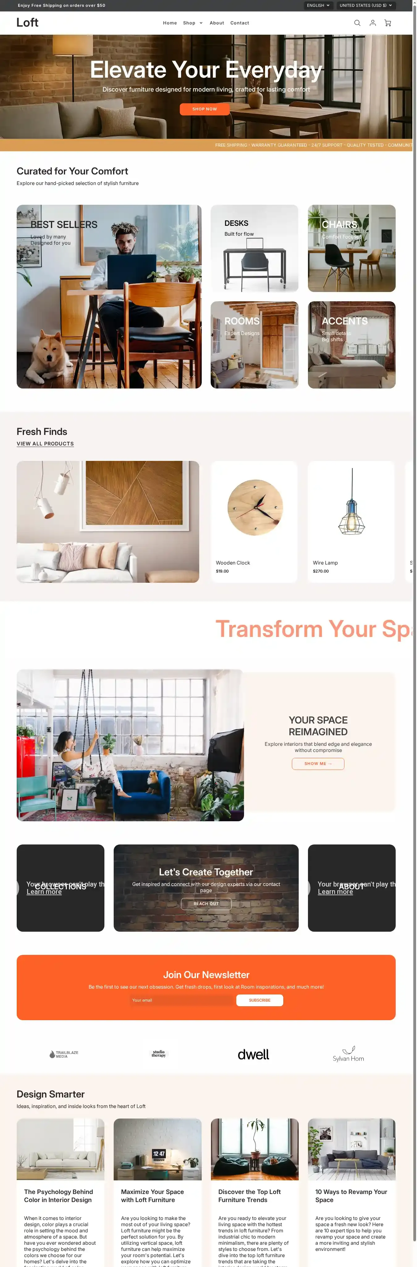 Loft home page on desktop