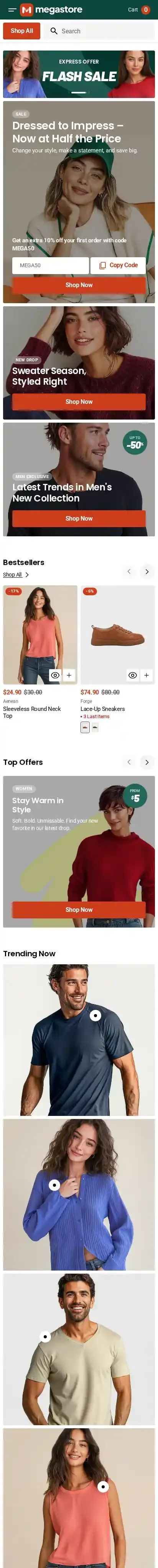 Megastore home page on mobile