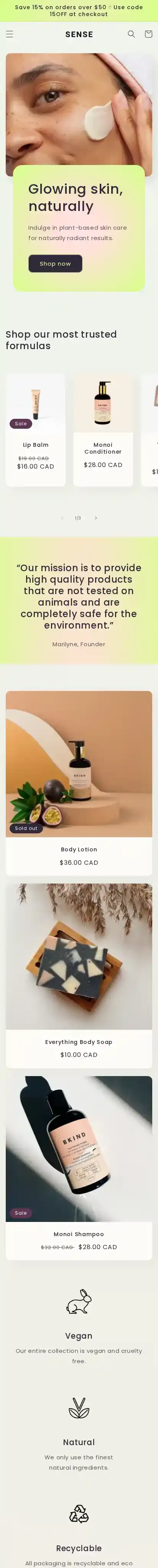Sense home page on mobile