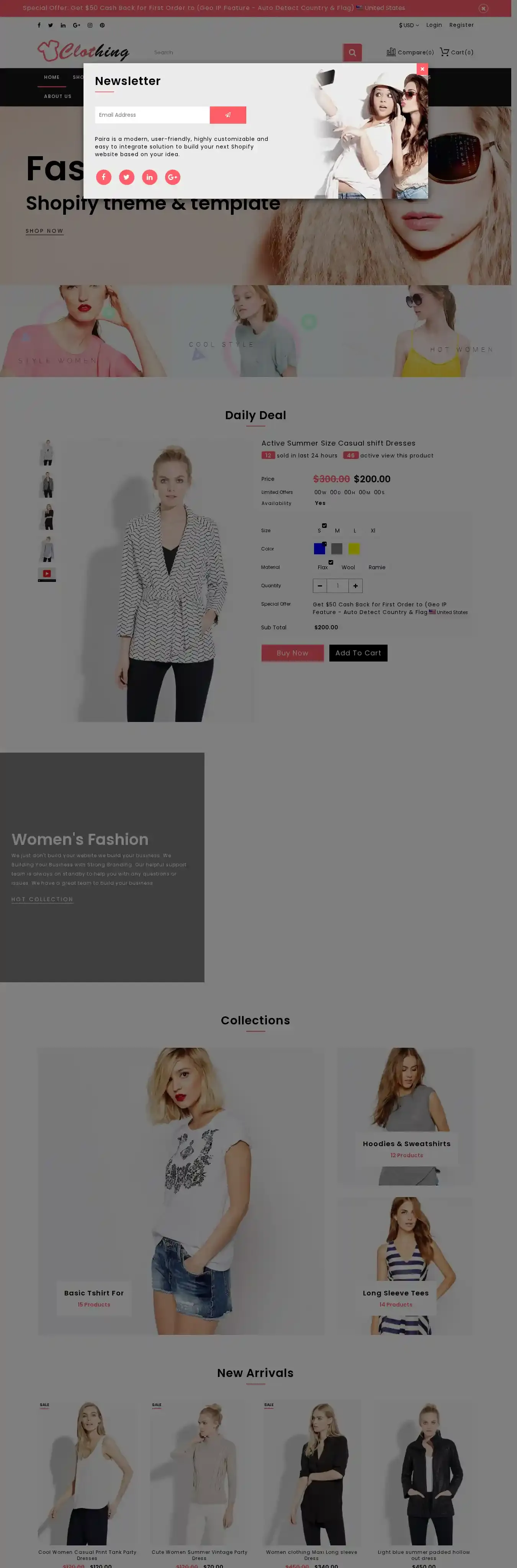 Clothing home page on desktop