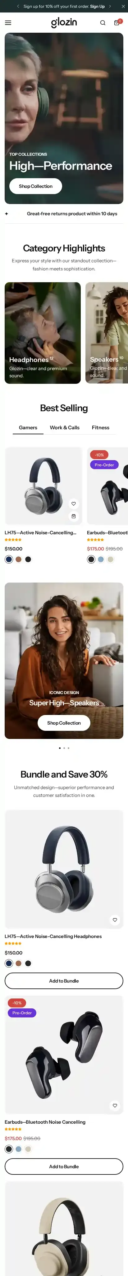 Glozin home page on mobile