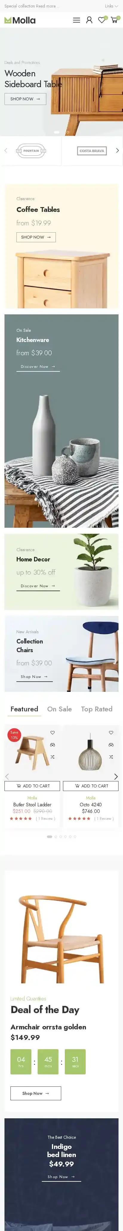 Molla home page on mobile