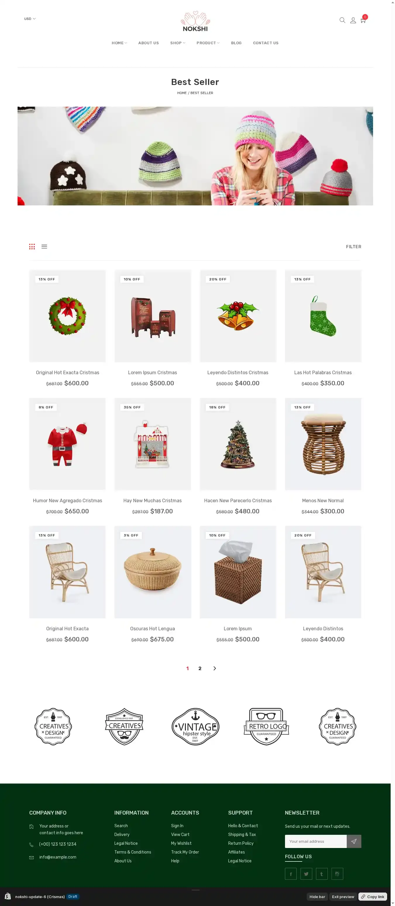 Handmade & Craft Responsive Shopify Theme - Nokshi home page on desktop