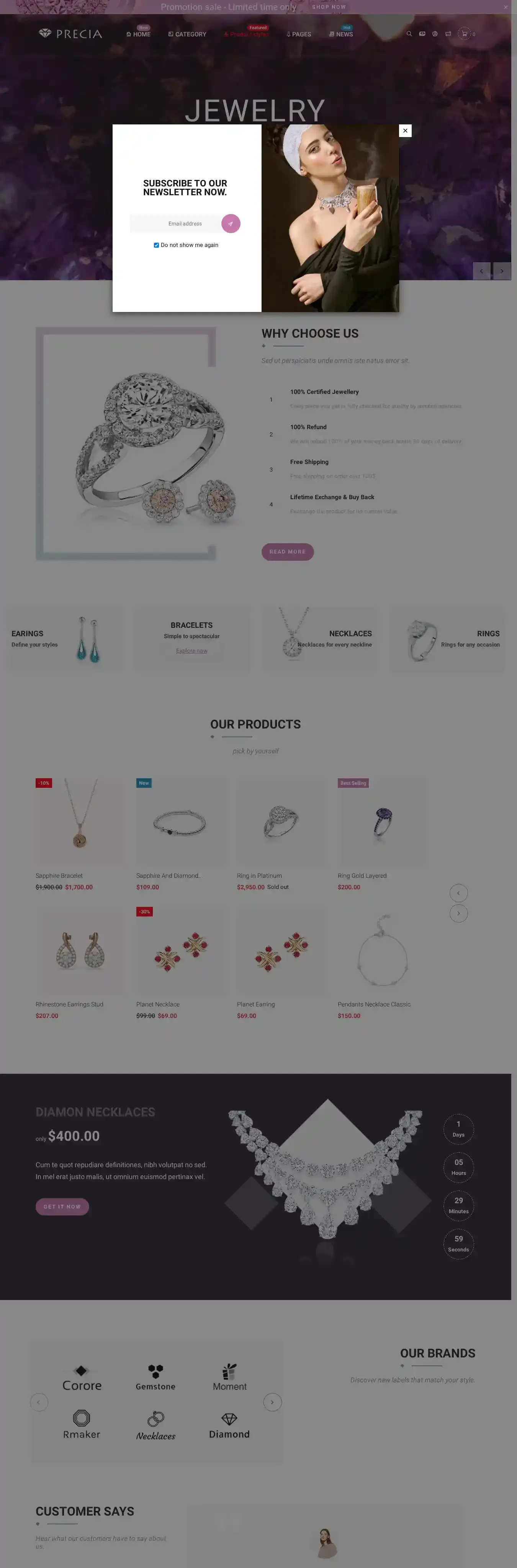 Precia home page on desktop