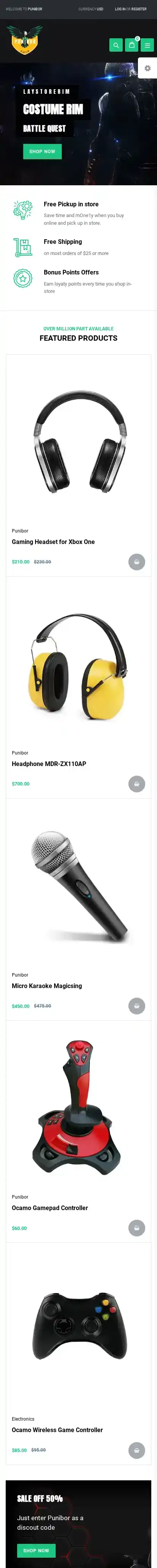Punibor Gaming Store home page on mobile