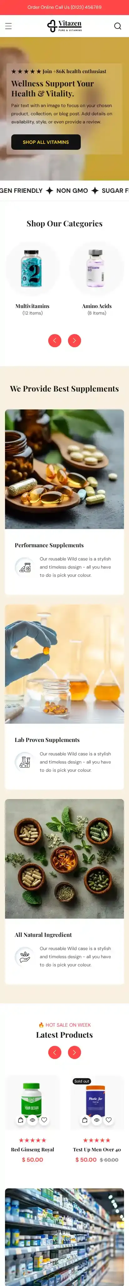 Vitazen home page on mobile