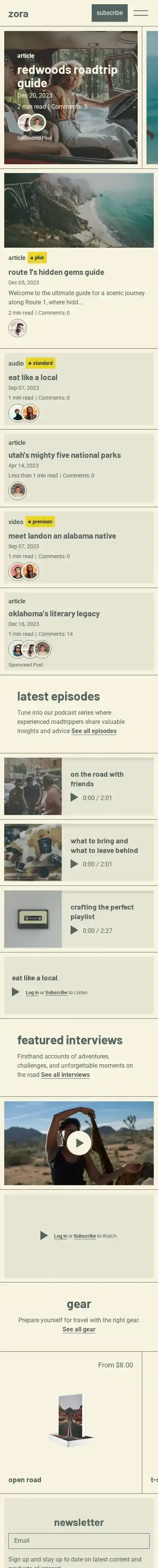 Zora home page on mobile