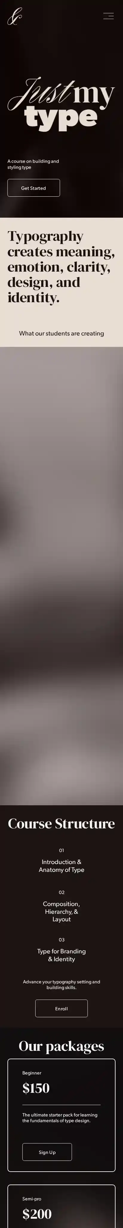 Just My Type home page on mobile