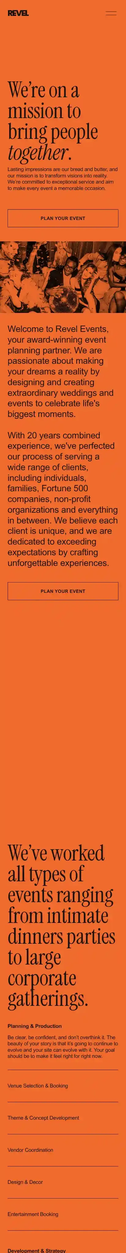 Revel home page on mobile
