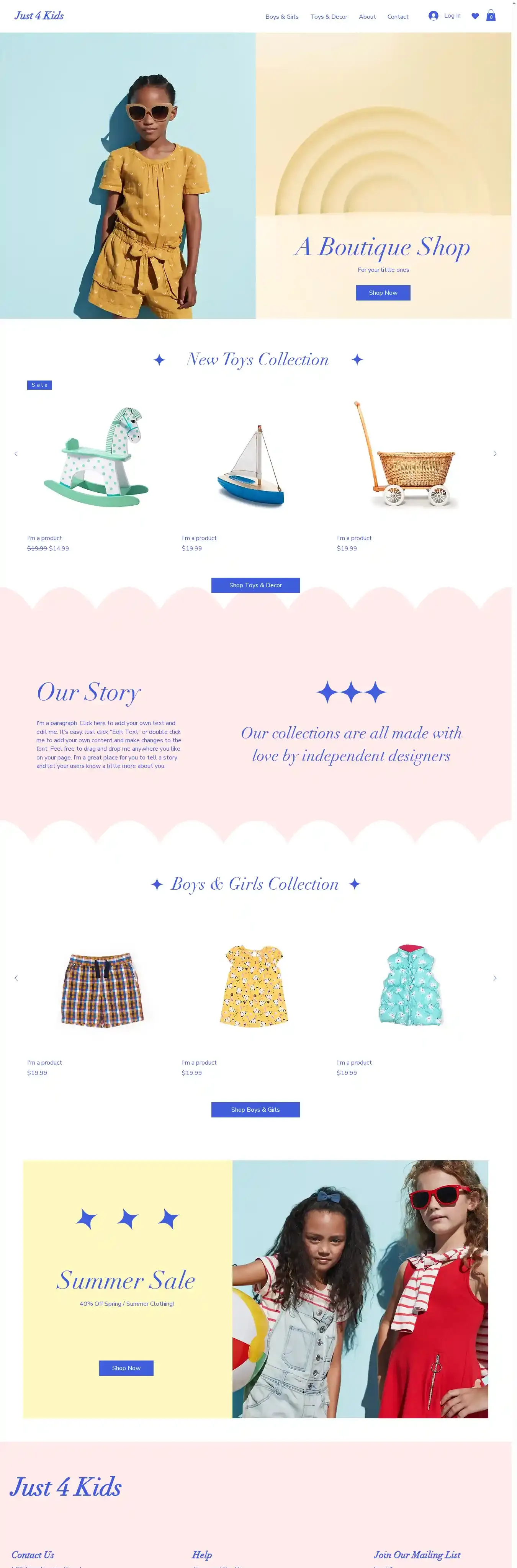 Kids Clothing Store home page on desktop
