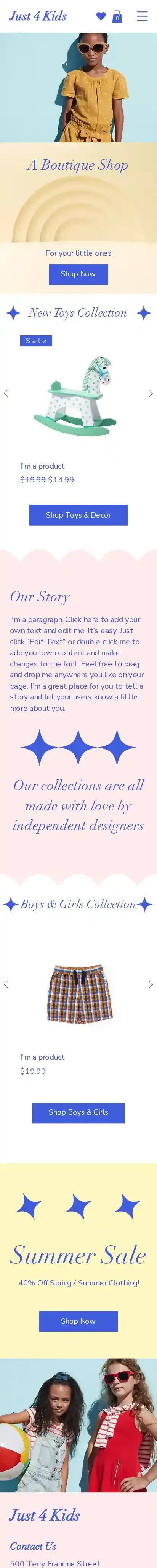 Kids Clothing Store home page on mobile