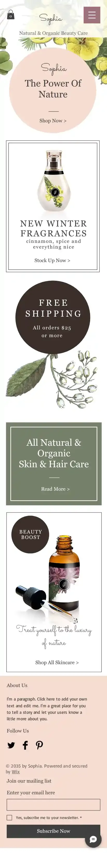 Natural Cosmetics Shop home page on mobile