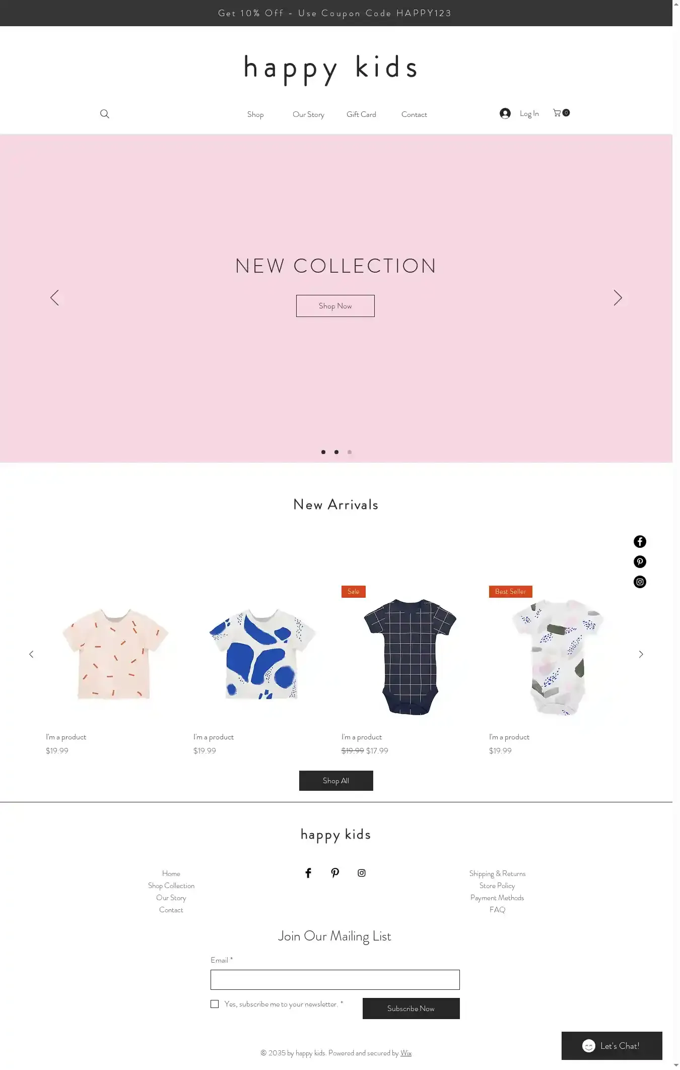 Kids Clothing Store home page on desktop