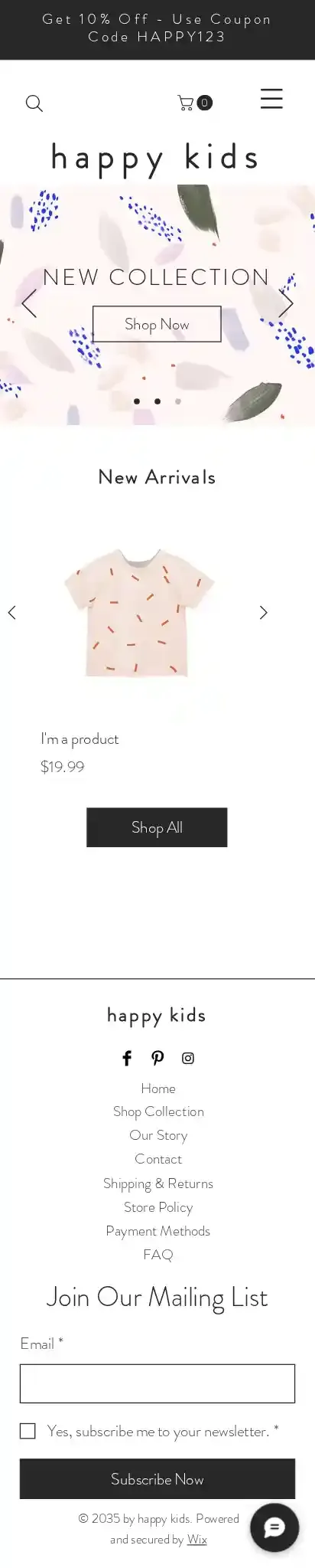 Kids Clothing Store home page on mobile